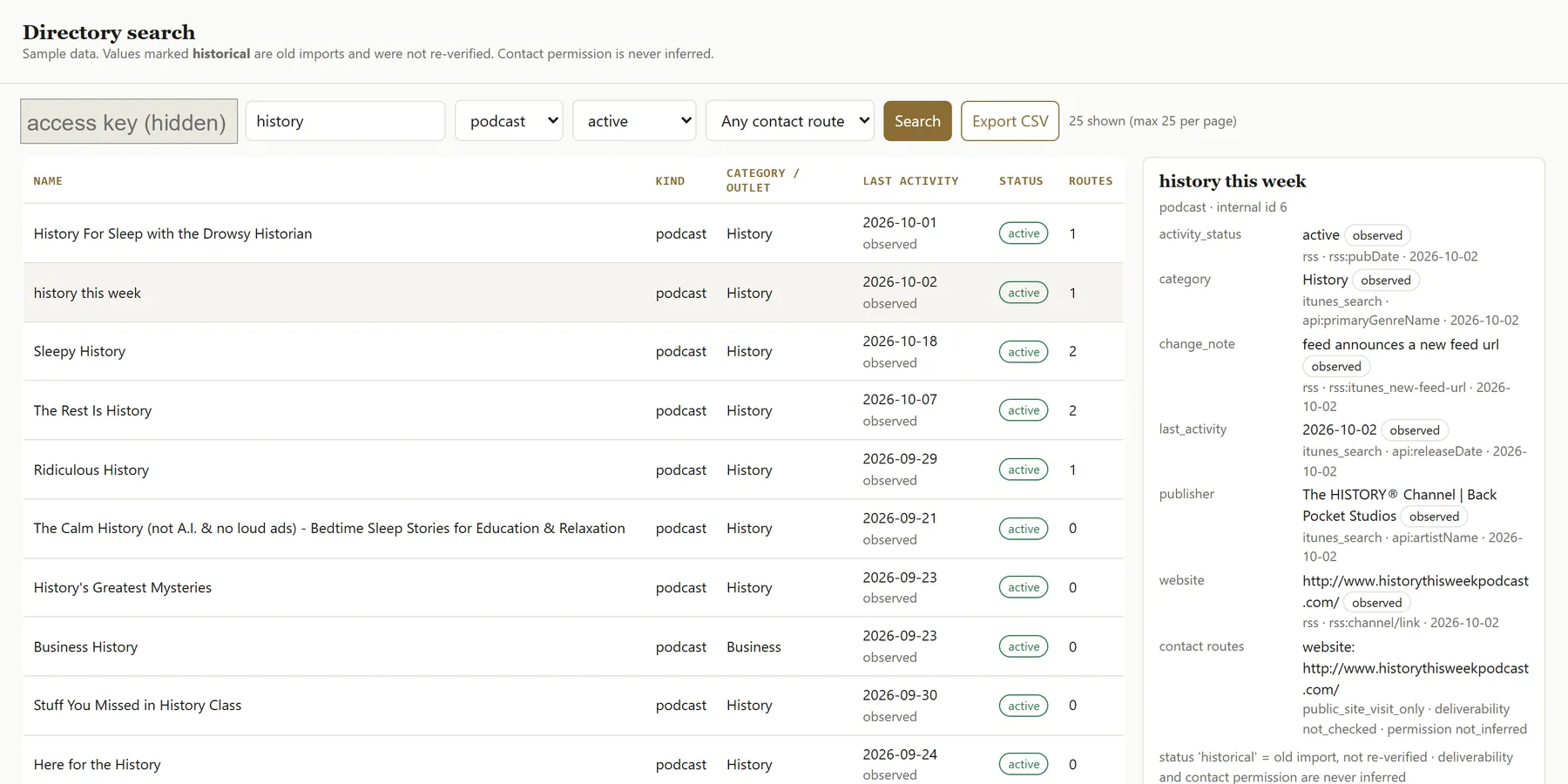 A searchable table of podcasts with a detail panel showing where each value came from.